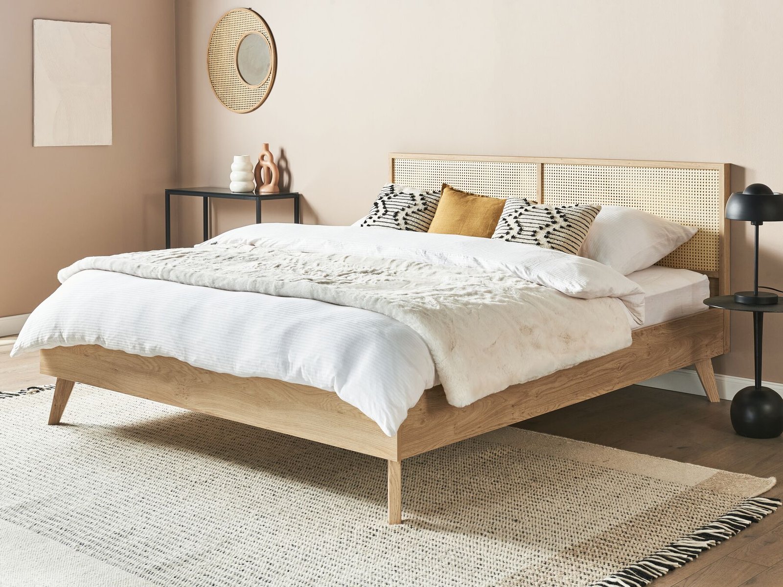 Rattan Super King Size Bed Light Wood